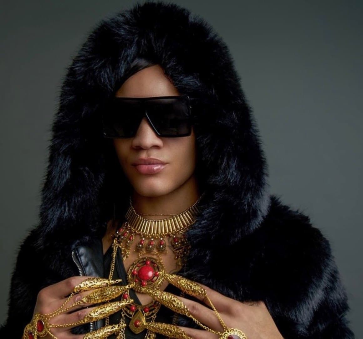 Quality in a black fur hood and dark glasses, gold-and-ruby jewellery at her throat and on her hands